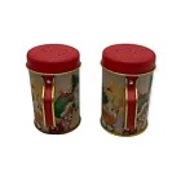 Old Fashioned Santa Christmas Scene Tin Salt & Pepper Shakers Preowned with Box - Picture 2 of 6